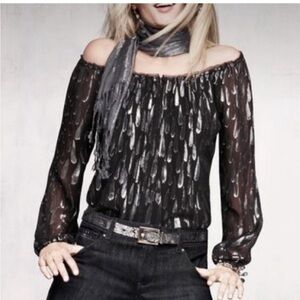 White House Black Market Black Metallic Silver Off or On Shoulder Silk Top Small
